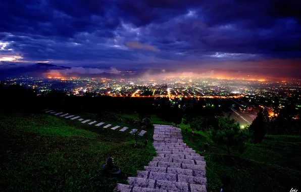 Clouds, night, lights, stage, path, Goro