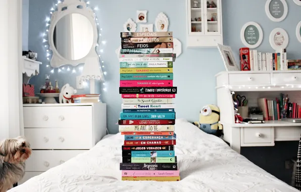 Picture room, books, bed