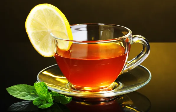 Glass, lemon, tea, Cup, lemon, black background, saucer, tea