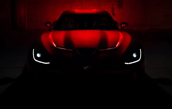 Picture roof, red, darkness, lights, the hood, Dodge, Dodge, supercar