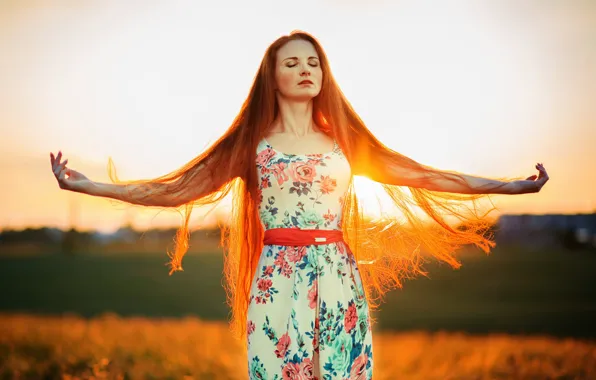 Picture Sunset, The sun, Girl, Catherine, Hair, Kate, Red