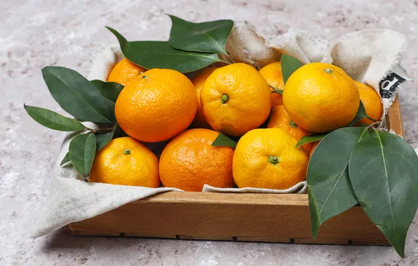 Leaves, table, fabric, fruit, box, composition, tangerines