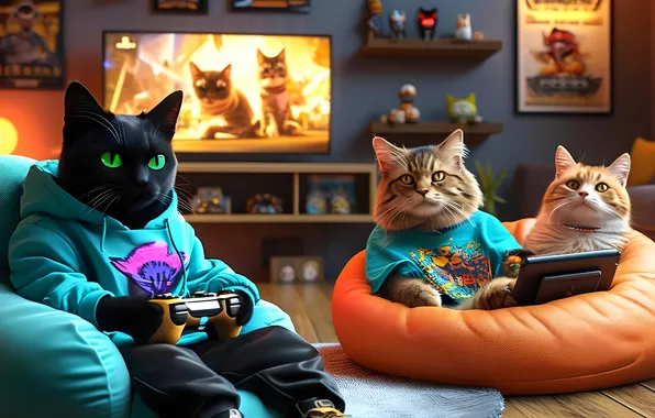 Cats, joystick, tablet, black cat, red cat, gamers