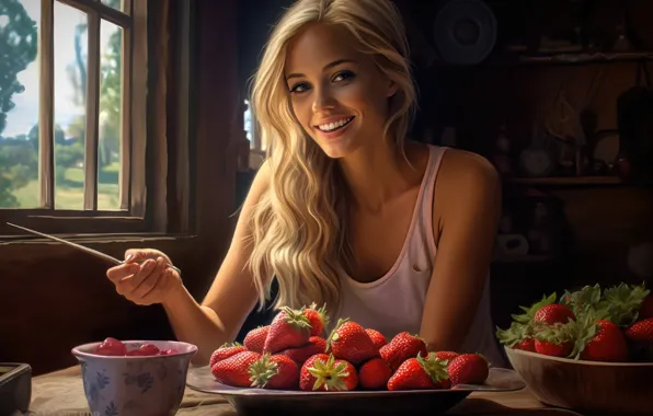 Summer, girl, face, pose, smile, house, berries, hand