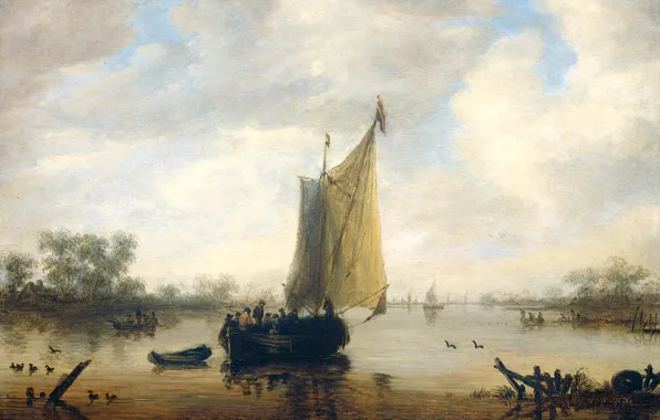 Picture landscape, boat, picture, sail, View Of The River, Jeronymus van Diest II