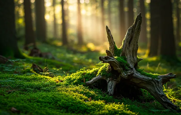 Forest, moss, snag, forest, the sun's rays, bokeh, bokeh, moss