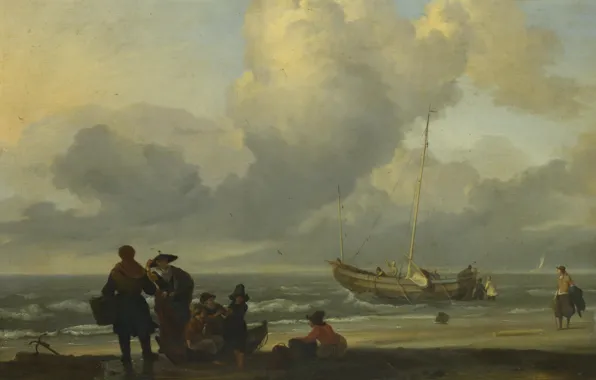 Boat, people, picture, Ludolf Bakhuizen, Ludolf Bakhuizen, Beach Scene with Fishermen