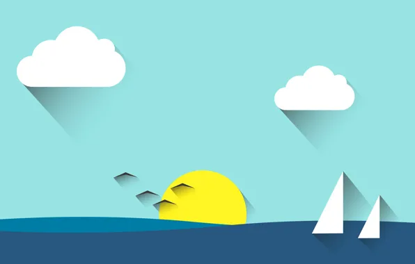 Sea, the sky, the sun, clouds, landscape, bird, sail