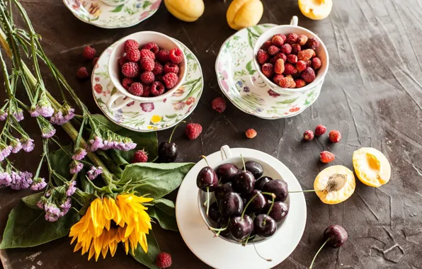 Picture flowers, berries, raspberry, strawberries, cherry