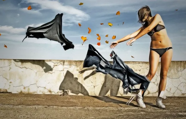 Autumn, leaves, girl, the wind
