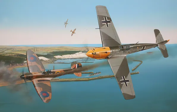 Picture aviation, ww2, spitfire, airplane, bf-109, art