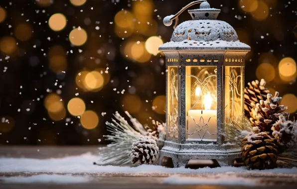 Winter, snow, night, Christmas, lantern, New year, Christmas, night