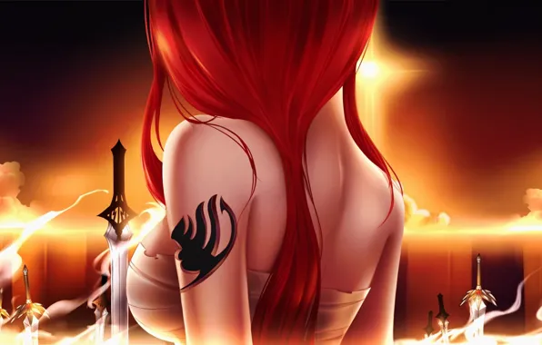 Girl, sunset, weapons, sword, tattoo, art, Fairy Tail, Ezra Scarlet