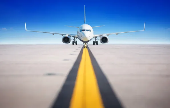 The sky, the sun, horizon, the plane, bokeh, runway, passenger, airliner