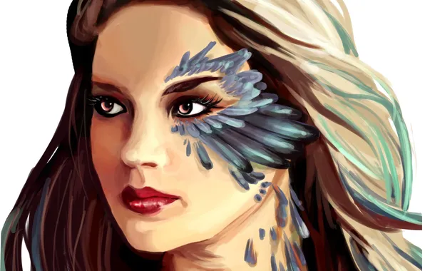 Picture look, girl, face, hair, feathers, art