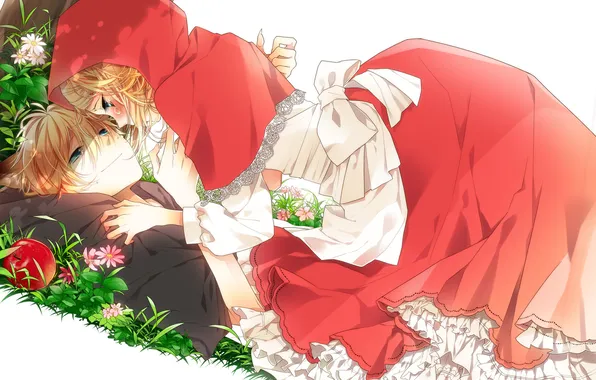 Girl, smile, mood, little red riding hood, tears, hugs, guy, vocaloid