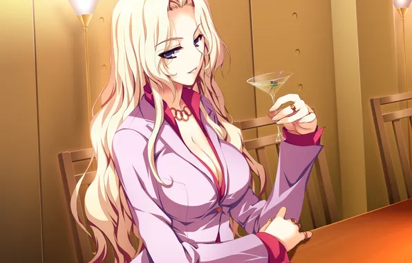 Picture chest, look, girl, smile, neckline, drink, art, tomose shunsaku