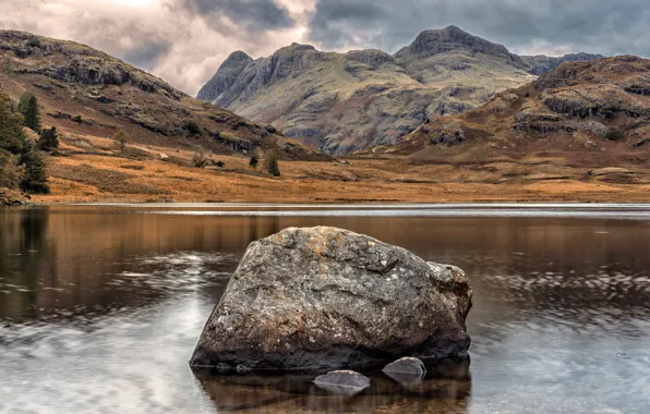 Mountains, lake, stones, England, Blea Tarn