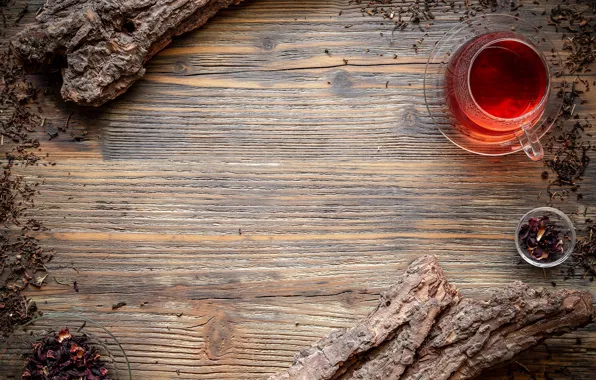 Glass, tea, Board, petals, the tea party, mug, Cup, bark