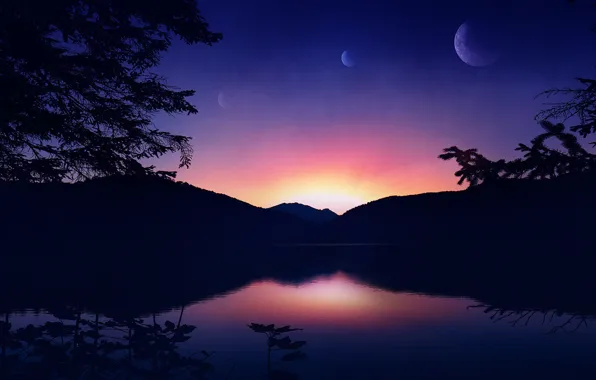 Sunset, Water, Reflection, Mountains, Lake, Trees, The moon, Silhouette