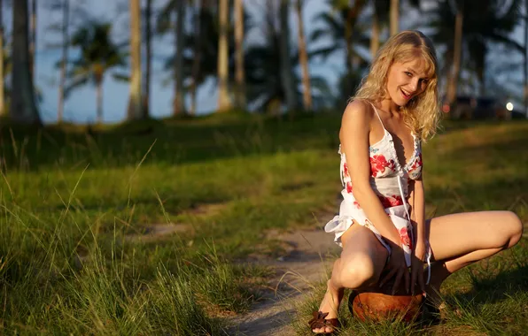 Girl, grass, sexy, cleavage, long hair, dress, legs, trees