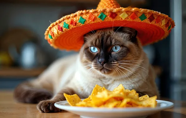 Cat, cat, look, pose, orange, hat, plate, lies
