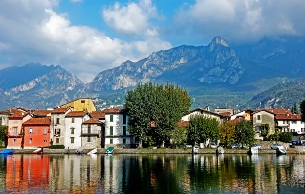 Clouds, mountains, nature, lake, building, home, Italy, landscape