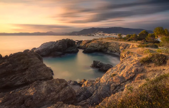 Sea, mountains, stones, rocks, shore, dal, pond, settlement