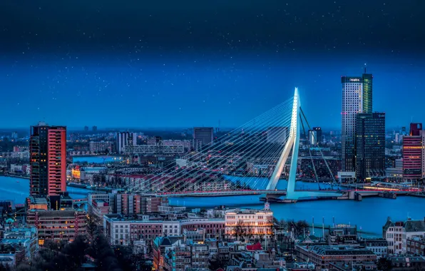 Picture the sky, stars, night, bridge, lights, river, building, home