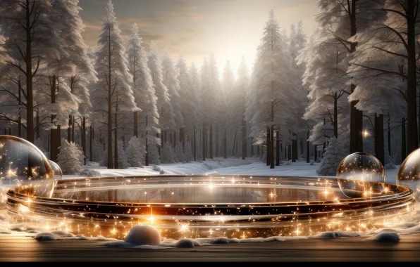 Winter, frost, forest, light, snow, trees, lights, reflection