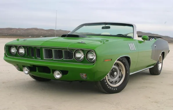 Picture green, 1971, convertible, front view, Plymouth, Plymouth, WHERE, CUDA