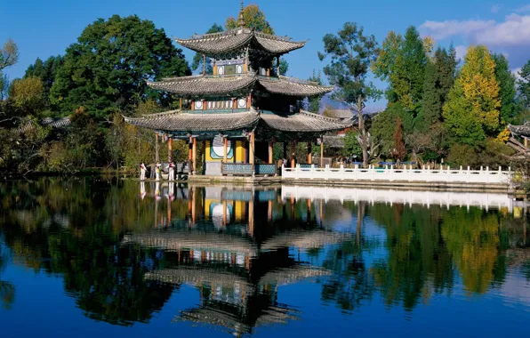 Roof, pond, style, house, Chinese