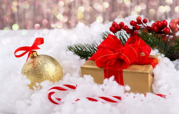 Snow, gift, balls, New Year, Christmas, Christmas, balls, snow
