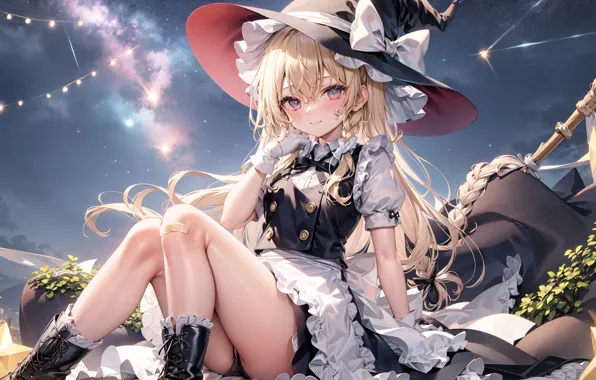 Braids, the patch, bangs, ruffles, witch hat, witch, Touhou Project, Marisa Kirisame