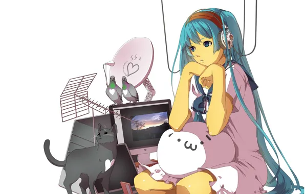 Wire, antenna, headphones, TV, pigeons, hearts, white background, vocaloid