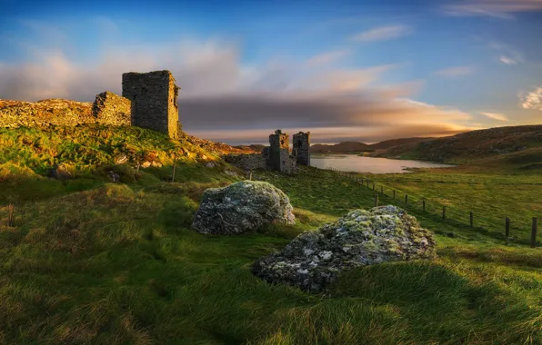 Grass, stones, castle, shore, ruins, pond