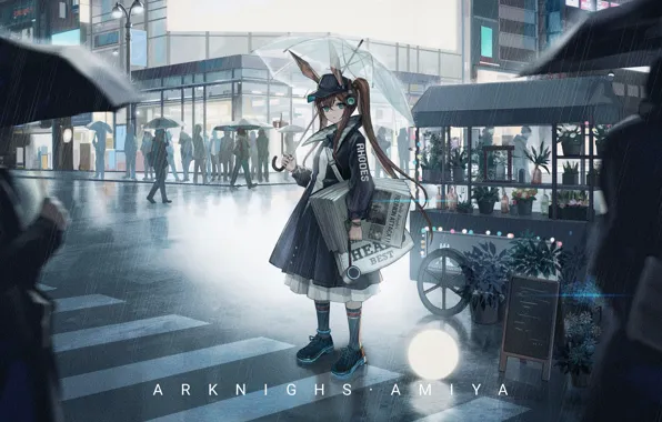 Girl, the city, people, rain, umbrella, Arknights, Amiya