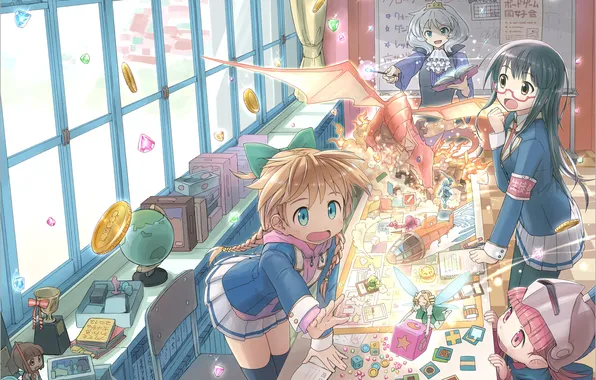 Stones, table, girls, dragon, anime, fairy, window, art