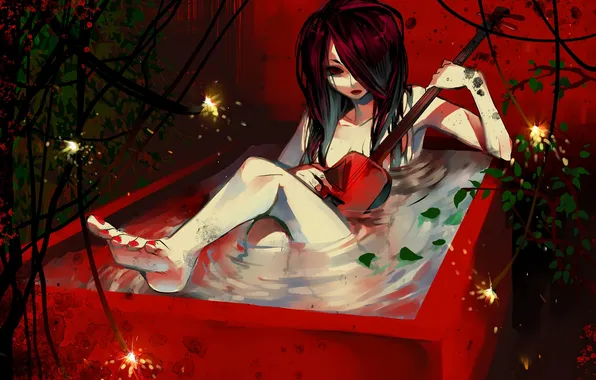 Picture leaves, water, girl, plant, anime, art, sparks, bath