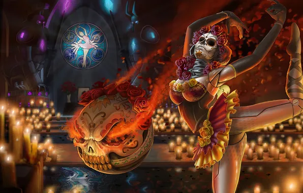 Picture League of Legends, fan art, orianna, Lady of Clockwork, mexican skull