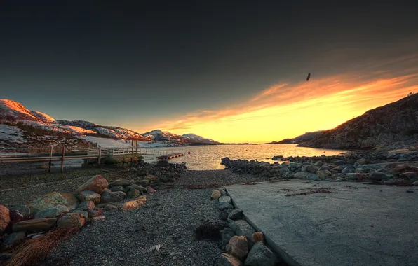 Picture sunset, lake, stones, shore