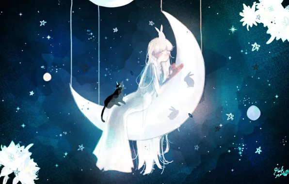Cat, night, girl, rabbits, Crescent
