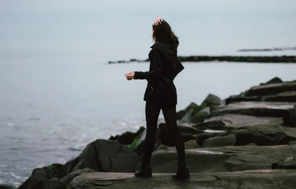 Picture water, girl, pose, stones