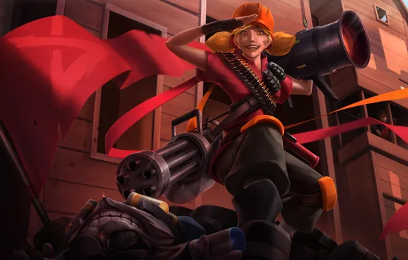 Girl, art, machine gun, gun, Team Fortress 2, lol, crossover, tf2