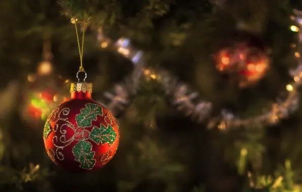 Red, pattern, toy, new year, ball, spruce, focus, tree