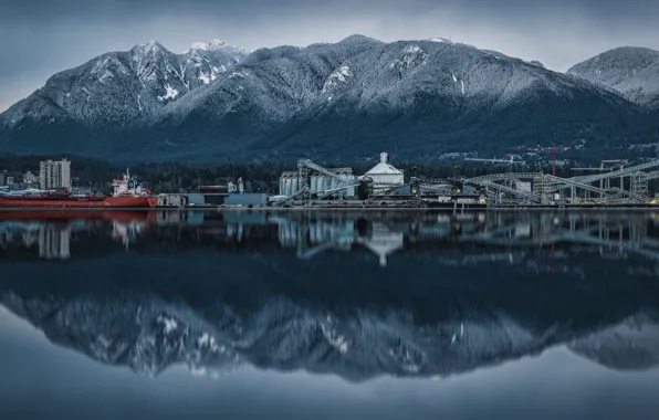 Mountains, reflection, ship, building, technique, port, pond, symmetry