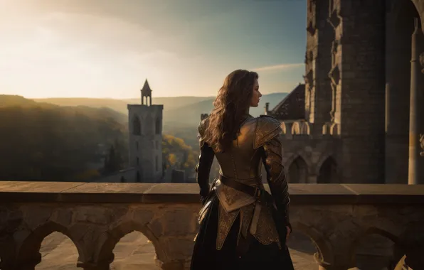 Look, girl, castle, armor, fantasy, knight, warrior, the girl-soldier