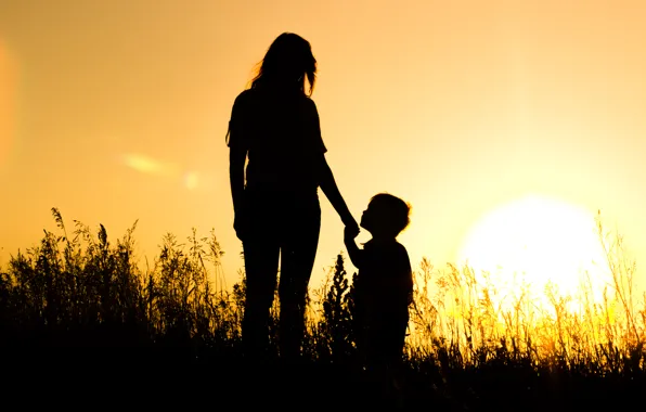 The sun, sunset, silhouettes, mom, son