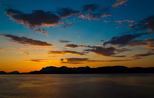 The sky, clouds, sunset, mountains, lake