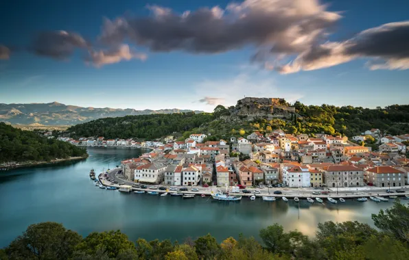 Forest, clouds, mountains, river, building, home, hill, Croatia